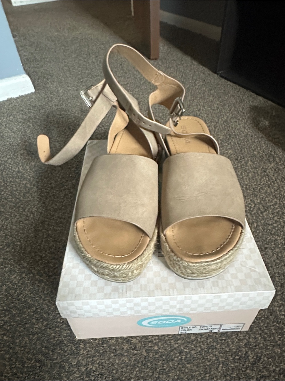 Soda Taupe Open-Toe Espadrille Wedge Sandals with Ankle Buckle